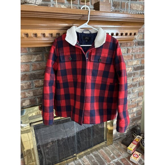 Jcrew Red & Navy Checked Wool Blend Jacket Size Medium Lumberjack Jacket